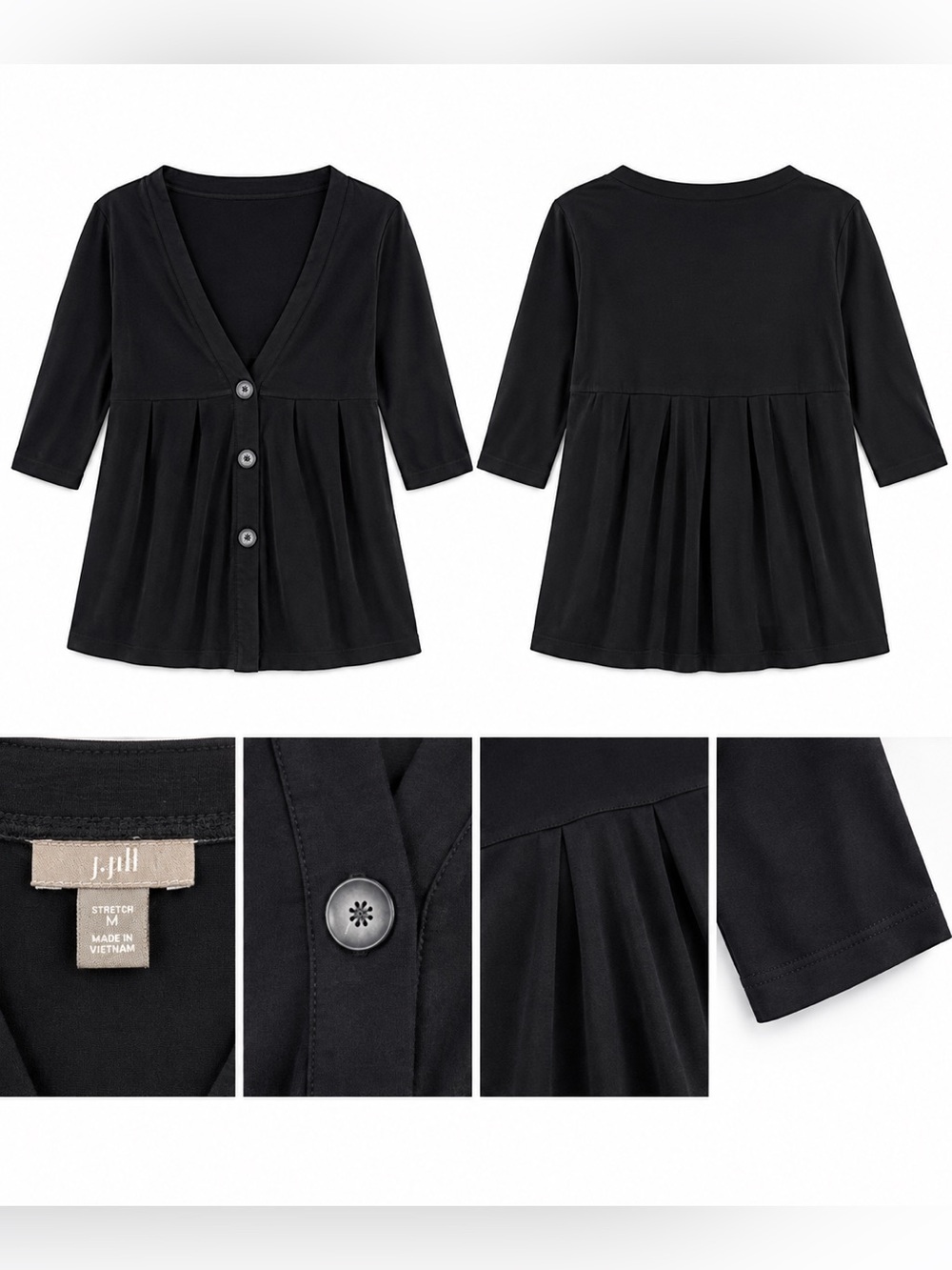 J. Jill Black V-Neck Button Front Pleated Tunic Top